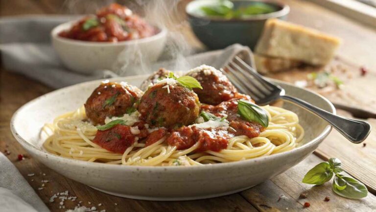 A plate of gluten-free spaghetti with golden-brown meatballs, covered in rich marinara sauce, garnished with fresh basil and grated Parmesan, served on a rustic wooden table with warm lighting."