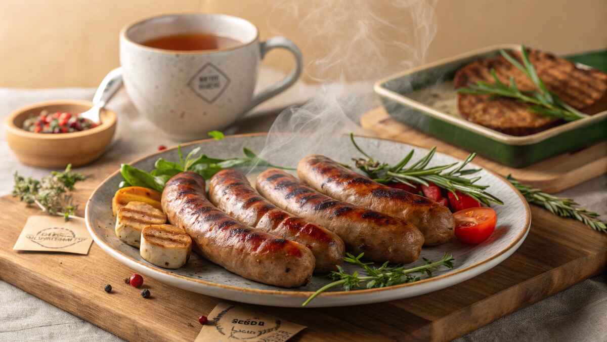 A plate of freshly grilled halal sausages with a golden-brown sear, garnished with fresh rosemary, cherry tomatoes, and grilled vegetables. Steam rises from the sausages, indicating they are hot and freshly cooked. A cup of tea and a bowl of spices sit in the background on a rustic wooden table, creating a cozy and inviting dining scene.