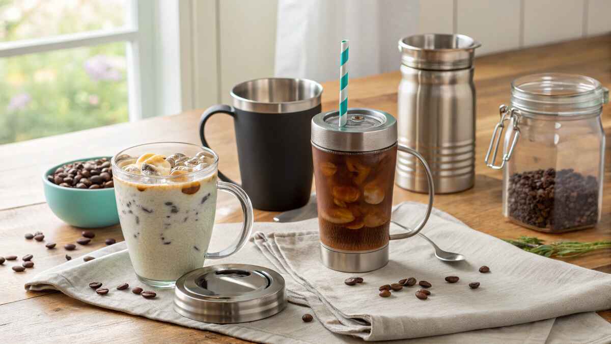An assortment of cups for iced coffee, including a clear glass mug with creamy iced coffee, a black stainless steel mug, and an insulated tumbler with a lid and straw, placed on a wooden table. Surrounding the cups are scattered coffee beans, a jar of coffee grounds, and a cozy linen napkin with natural light streaming in