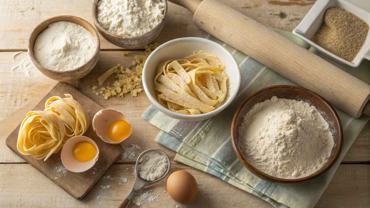 A rustic kitchen scene featuring gluten-free flour, fresh egg noodles, and essential pasta-making ingredients. Wooden bowls filled with different gluten-free flours, cracked eggs, a rolling pin, and a wooden board with pasta nests are arranged on a wooden countertop, creating a warm and inviting atmosphere.
