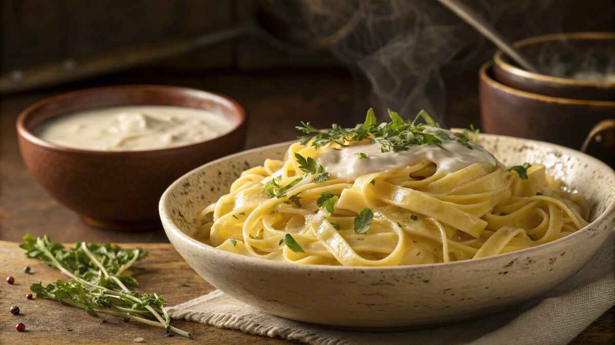 A steaming bowl of gluten-free egg noodles topped with a creamy Alfredo sauce and fresh herbs, served in a rustic ceramic dish. A bowl of extra sauce and sprigs of fresh thyme are placed on a wooden table in the background.