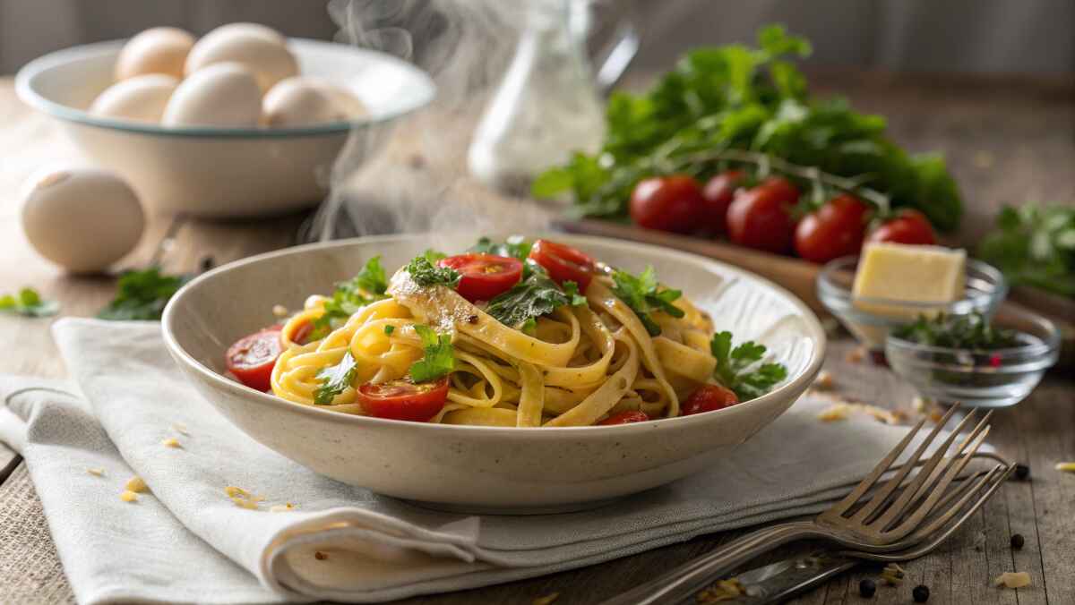 A steaming bowl of gluten-free egg noodles with cherry tomatoes, fresh parsley, and a light garlic butter sauce, served on a rustic wooden table with fresh ingredients like eggs, herbs, and butter in the background