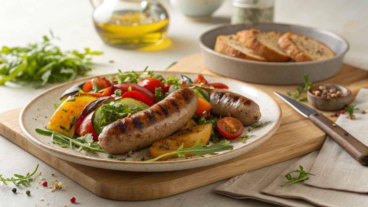 rilled sausages served on a plate with fresh vegetables, including cherry tomatoes, cucumbers, and roasted bell peppers, garnished with arugula. A side of rustic bread, a knife, and a small bowl of peppercorns sit on a wooden cutting board, with olive oil and fresh greens in the background.