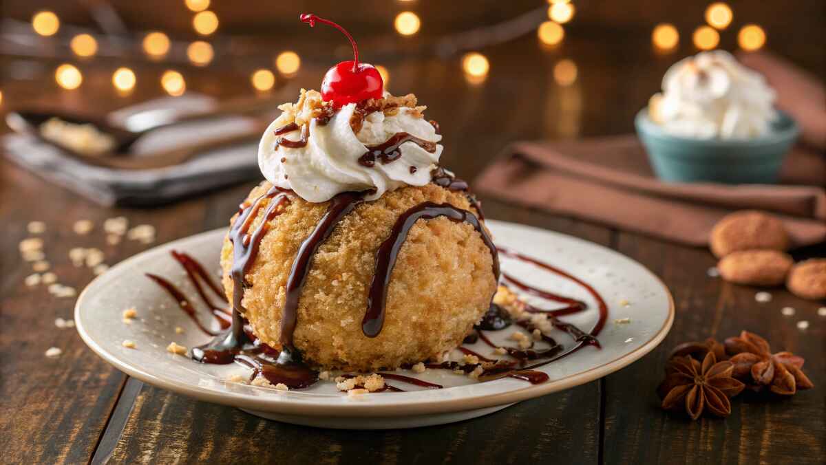 beautifully plated fried ice cream dessert with a crispy, golden-brown coating, drizzled with rich chocolate sauce, topped with whipped cream and a red cherry. The dessert sits on a rustic wooden table with a cozy, softly lit background, creating a warm and inviting atmosphere.