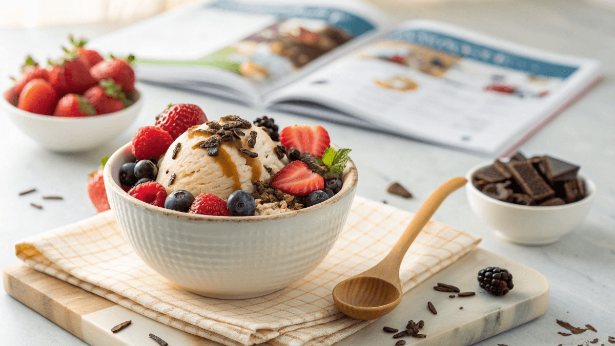 A beautifully presented bowl of low-calorie vanilla ice cream, topped with fresh strawberries, blueberries, raspberries, dark chocolate shavings, and a drizzle of caramel. The bowl sits on a wooden cutting board with a beige napkin, accompanied by a wooden spoon. In the softly blurred background, a fitness magazine, a bowl of fresh strawberries, and a bowl of dark chocolate pieces create a cozy, health-conscious setting