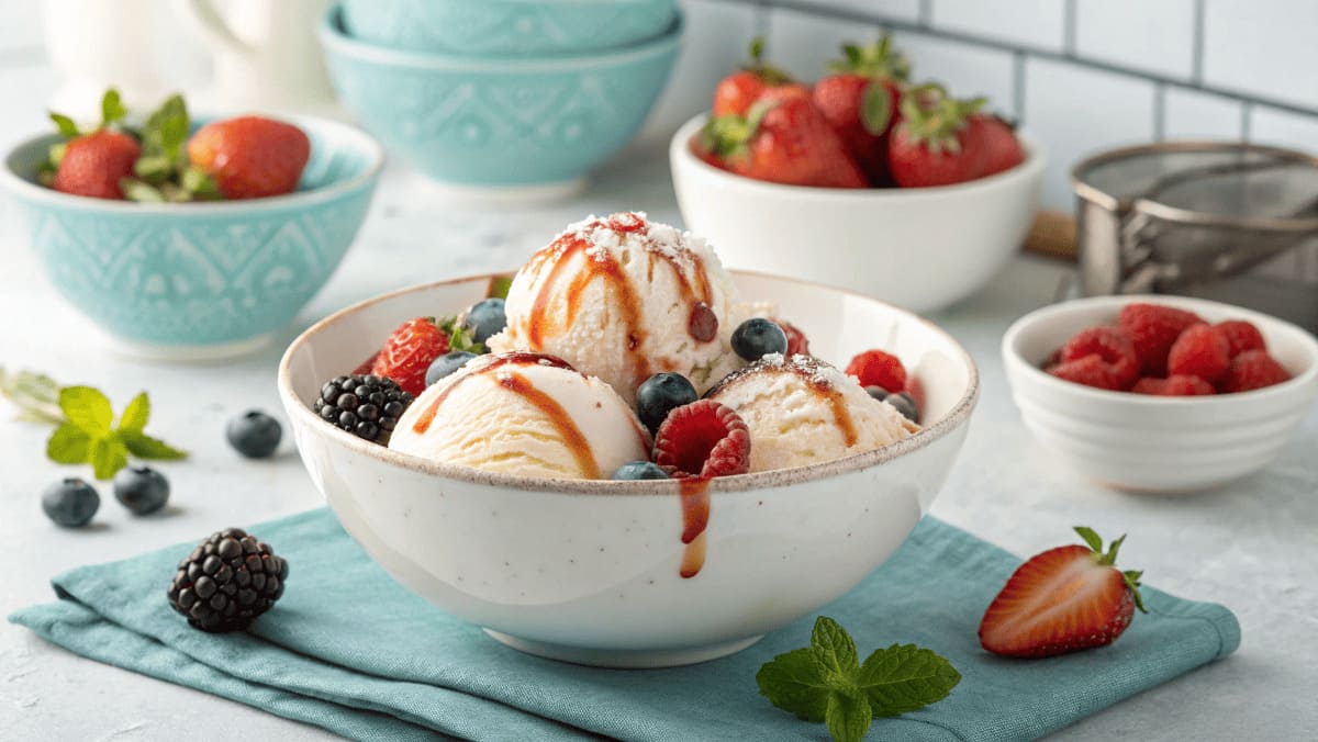 AA bowl of creamy low-sugar vanilla ice cream topped with fresh raspberries, blueberries, and blackberries, drizzled with sugar-free syrup. The dessert is set on a blue napkin with fresh mint leaves, surrounded by bowls of strawberries and berries in a bright, modern kitchen