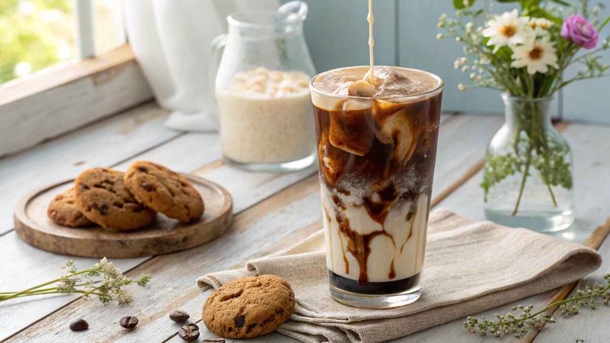 A refreshing glass of iced coffee with cream swirling through, placed on a rustic wooden table. Surrounded by chocolate chip cookies on a wooden plate, a jar of milk, coffee beans, and a vase of fresh flowers in a bright and airy setting