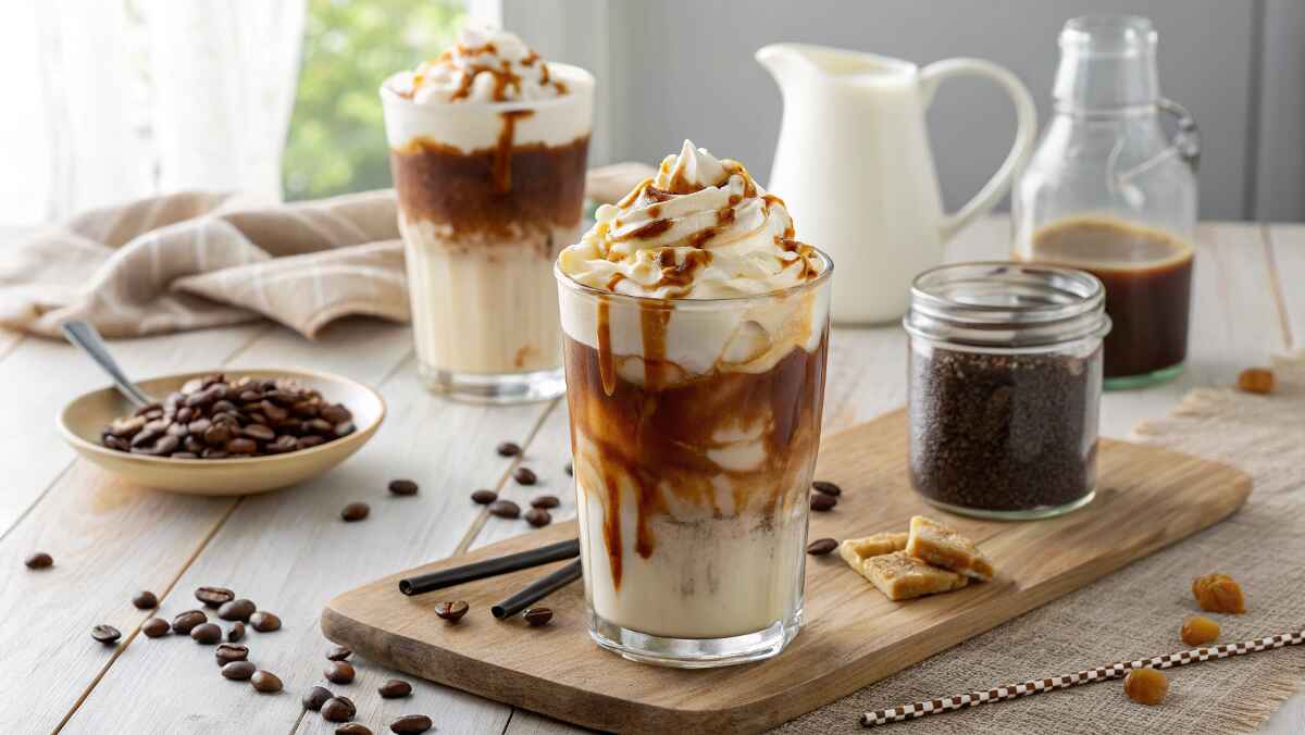 Two glasses of iced coffee topped with whipped cream and caramel drizzle on a wooden serving board. Surrounded by coffee beans, a jar of ground coffee, and a jug of milk, creating a cozy café-like atmosphere