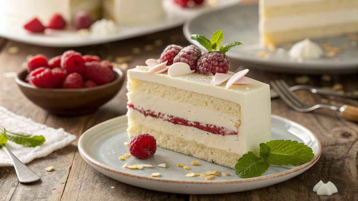 A slice of layered cake with white chocolate mousse filling, topped with fresh raspberries, mint leaves, and delicate white chocolate shavings, served on a rustic plate with a bowl of raspberries in the background.