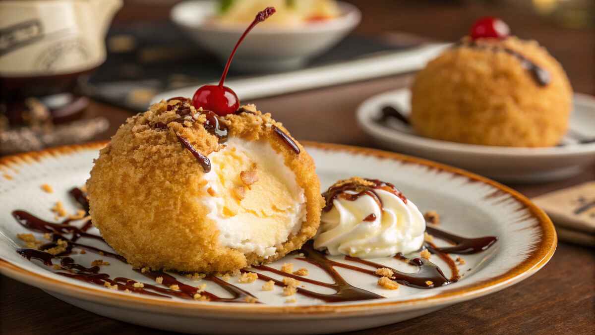 A close-up of a crispy, golden-brown fried ice cream dessert with a creamy vanilla center, drizzled with chocolate syrup and topped with a red cherry. Served on a plate with a side of whipped cream and caramel drizzle, with another fried ice cream dish slightly blurred in the background.