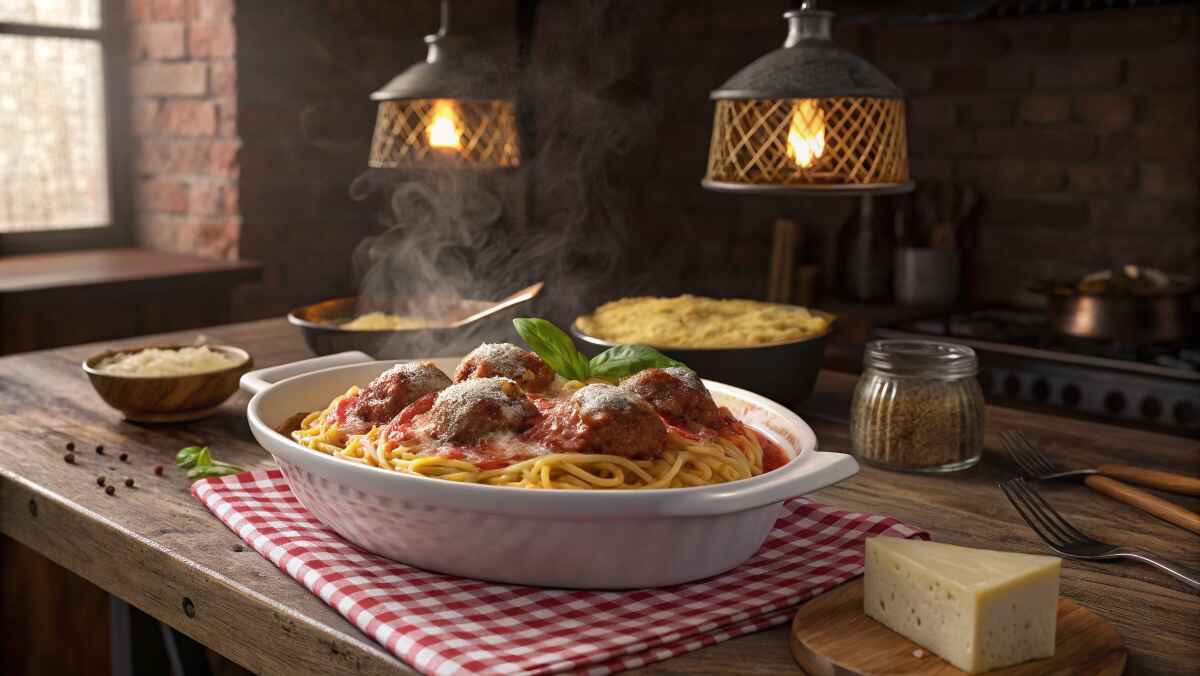 A cozy Italian-American kitchen setting featuring a steaming dish of baked spaghetti and meatballs in a white ceramic dish on a rustic wooden table with a red-checkered tablecloth. The dish is garnished with fresh basil and surrounded by Parmesan cheese, spices, and warm ambient lighting from vintage pendant lamps in the background