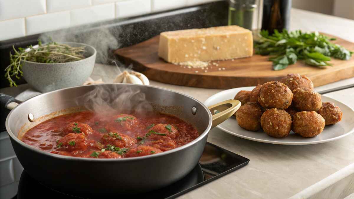 A steaming pan of marinara sauce with freshly cooked meatballs simmering inside, garnished with fresh parsley. Beside the pan, a plate of crispy, golden-brown meatballs sits ready to be added. In the background, a cutting board holds a block of Parmesan cheese, fresh basil, and garlic, creating a warm and inviting kitchen scene