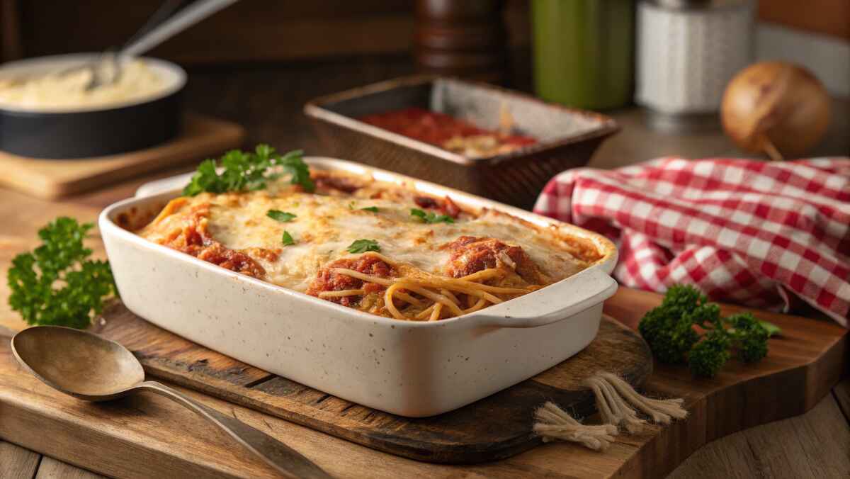 A close-up of a freshly baked spaghetti dish in a white casserole dish, topped with melted golden cheese and garnished with fresh parsley. The dish sits on a wooden board, surrounded by a vintage spoon, a red checkered towel, and fresh parsley sprigs. In the background, a baking dish with marinara sauce and a bowl of grated cheese complete the cozy kitchen scene