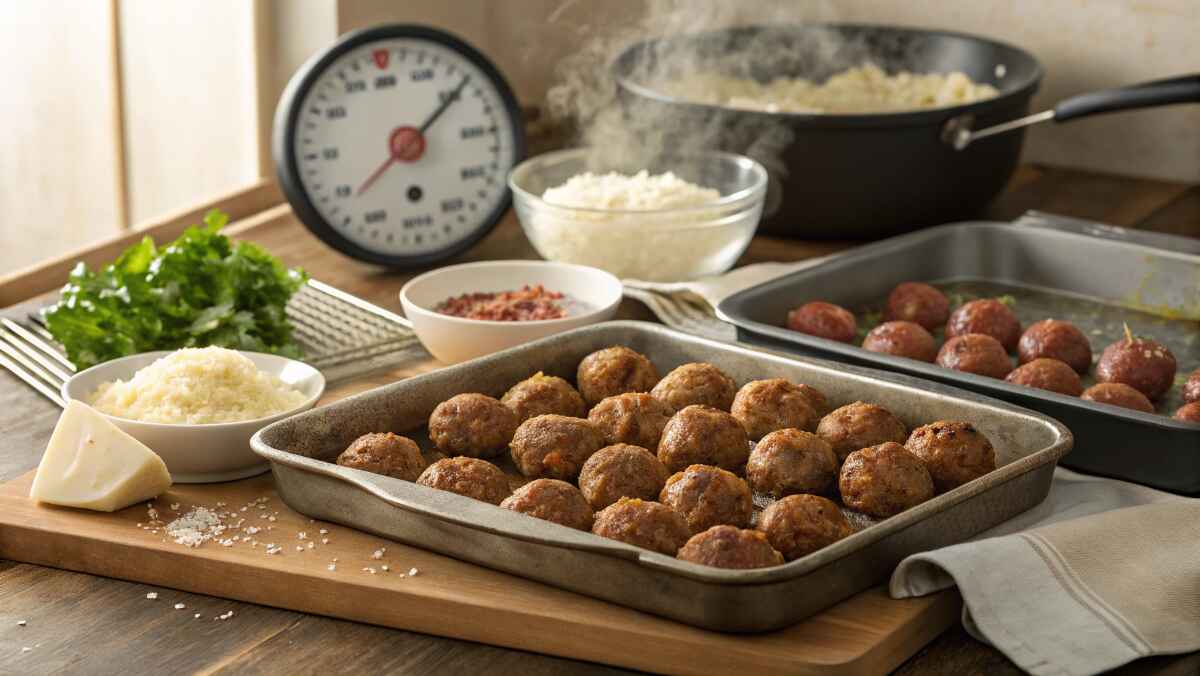 A cozy kitchen setup showcasing two trays of freshly baked meatballs: one golden-brown and crispy, and the other tender and juicy. Surrounding the trays are ingredients like grated Parmesan, fresh parsley, breadcrumbs, and a thermometer in the background. Steam rises from a pot of pasta, creating a warm and inviting atmosphere
