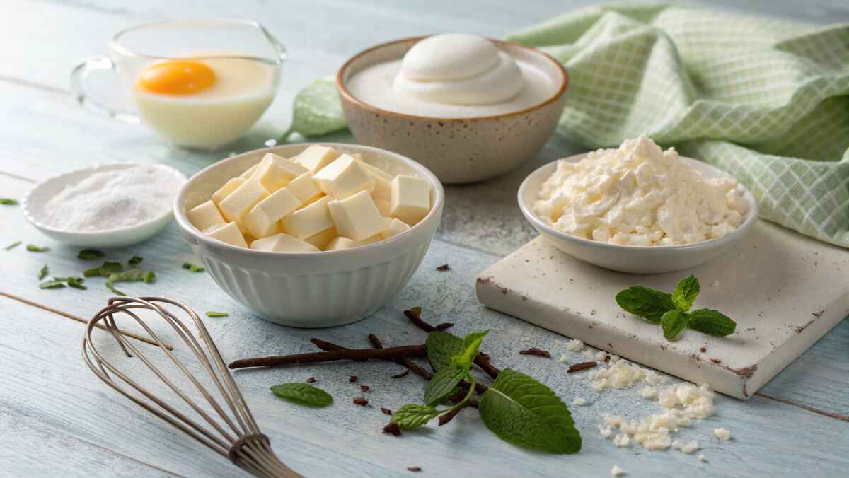 Flat-lay of white chocolate mousse ingredients, including chopped white chocolate, whipped cream in a ceramic bowl, sugar, egg yolk in a glass container, vanilla pods, and fresh mint, arranged on a light blue wooden table with a whisk and a green cloth in the background