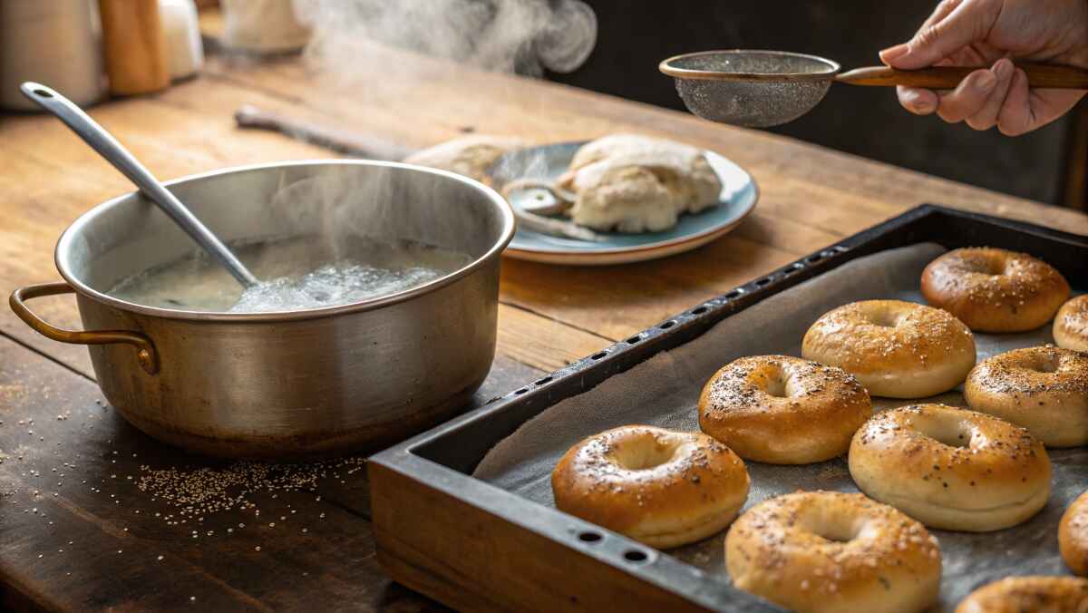 Bagels being boiled in a pot of water, with freshly baked bagels cooling on a tray and steam rising in a rustic kitchen setting.