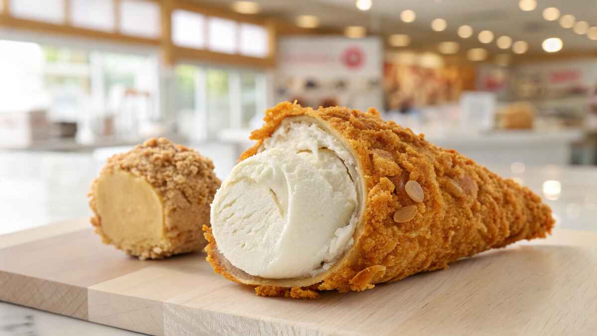 A close-up of Not Fried Chicken Ice Cream on a wooden cutting board, featuring a crispy, golden-brown cornflake-coated shell with creamy vanilla ice cream inside. A second ice cream piece with a similar coating is in the background. The setting is a bright, modern dessert shop.