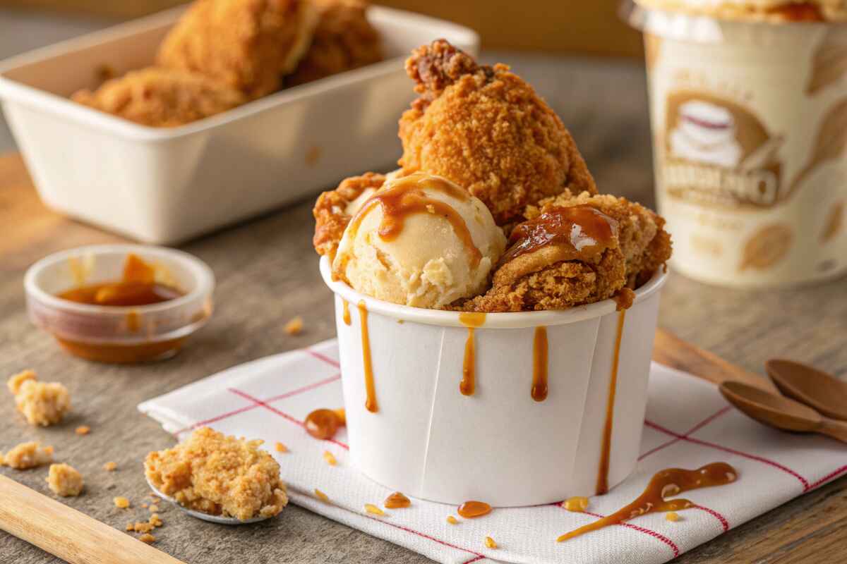 A delicious serving of fried chicken ice cream in a white paper cup, drizzled with caramel sauce. The dessert looks exactly like crispy fried chicken but is made of ice cream coated with a crunchy, golden-brown crust. A small dish of caramel sauce and a spoon with crumbled coating sit nearby, enhancing the realistic presentation.