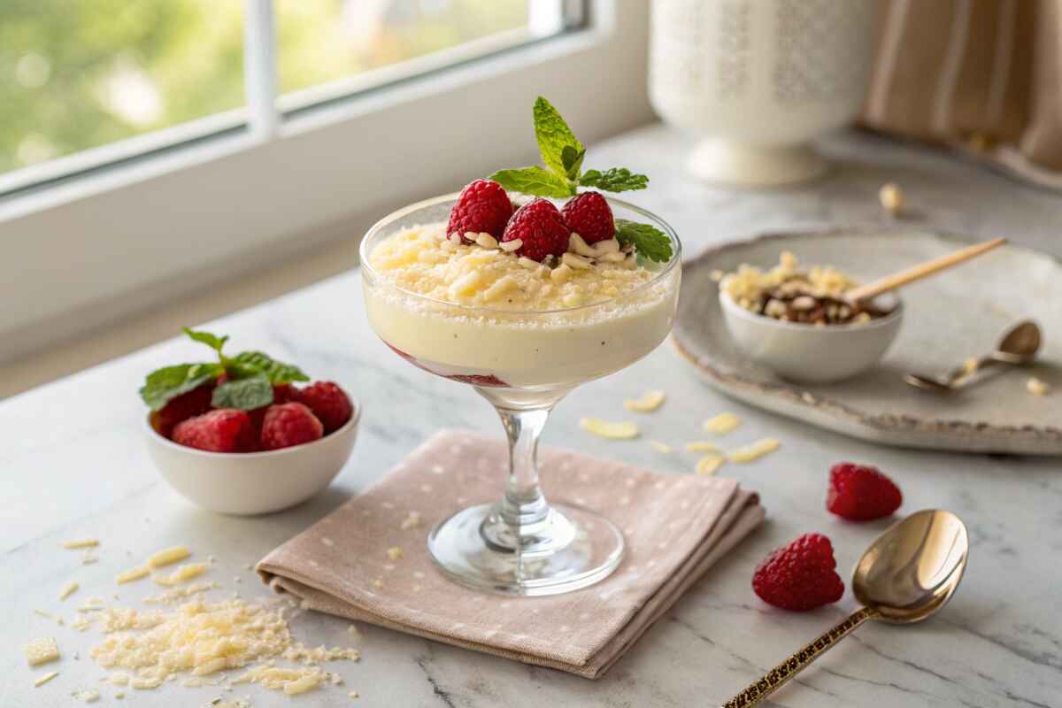 A glass of white chocolate mousse topped with fresh raspberries, grated white chocolate, and a sprig of mint, placed on a marble countertop with a bowl of raspberries and golden spoon in the background