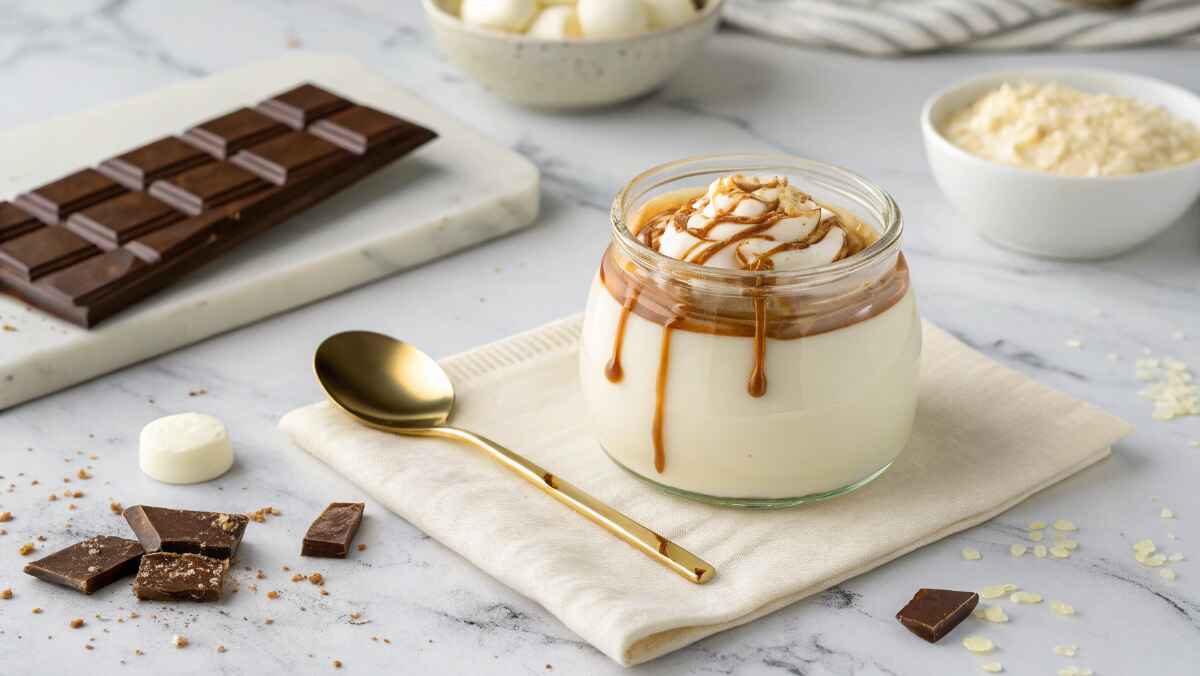 Jar of creamy 3-ingredient white chocolate mousse topped with whipped cream and caramel drizzle, served with a golden spoon on a napkin. Dark and white chocolate pieces are scattered on a marble countertop in the background.