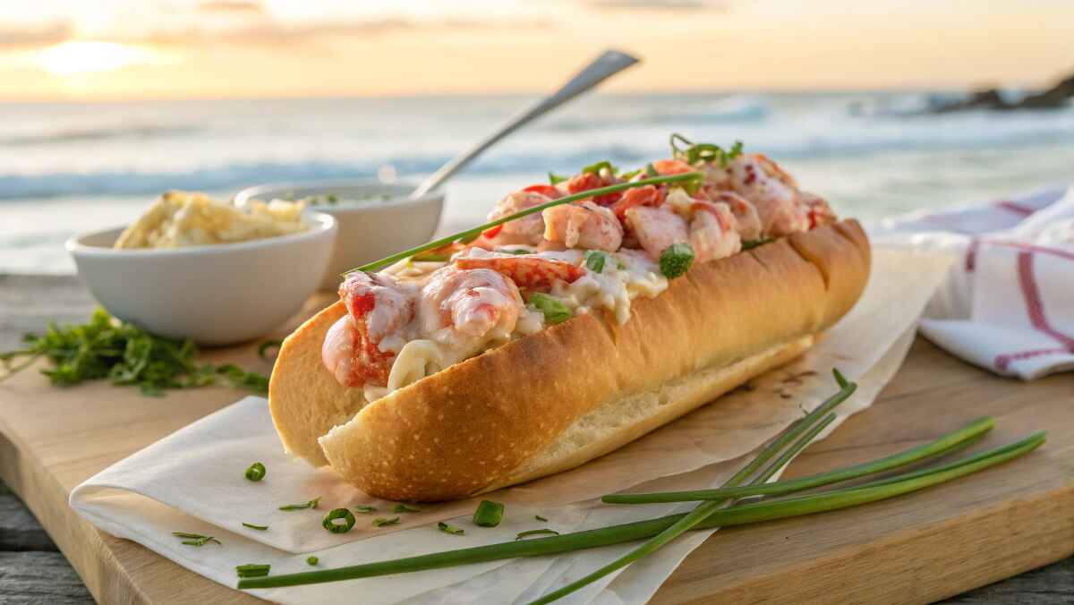 A lobster roll filled with tender lobster meat, creamy dressing, and garnished with chives, served on a toasted bun, with a scenic ocean view in the background.