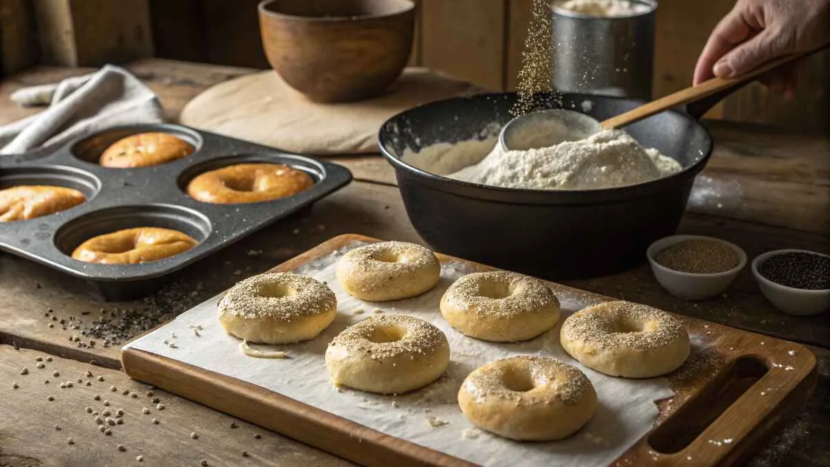 Bagel-making process with raw bagels sprinkled with seeds on a wooden cutting board, flour in a bowl, and freshly baked bagels in a tray in the background.