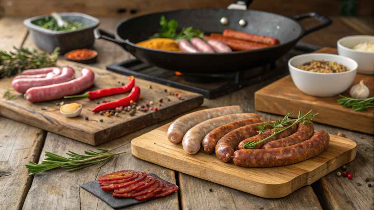 Assorted fresh and cooked sausages displayed on rustic wooden boards, with chili peppers, rosemary, and spices. A black frying pan with sizzling sausages is in the background, along with bowls of seasoning and garlic.