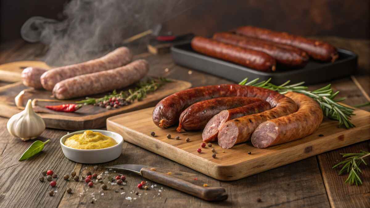 A variety of sausages displayed on wooden cutting boards, including smoked and fresh sausages, with mustard, garlic, chili, rosemary, and peppercorns on a rustic wooden table. Steam rising from freshly cooked sausages in the background