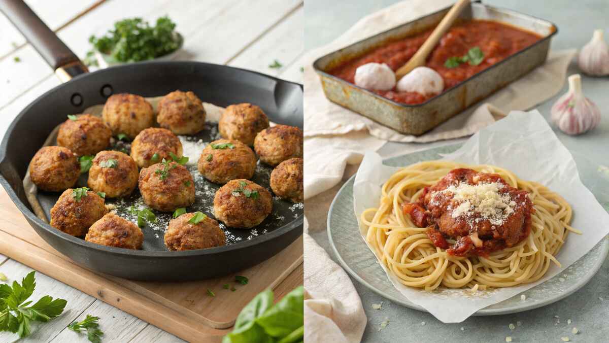 A split image showcasing two methods of preparing meatballs. On the left, golden-brown fried meatballs are garnished with fresh parsley in a black skillet. On the right, baked meatballs are simmering in marinara sauce in a baking dish, with a plate of spaghetti topped with sauce and Parmesan cheese in the foreground. Fresh garlic and parsley are scattered in the background, creating a cozy kitchen vibe