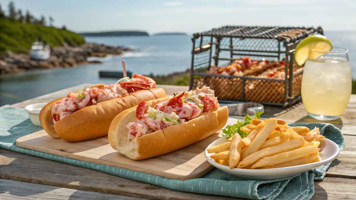 Two lobster rolls filled with fresh lobster meat on a wooden board, served with a side of golden French fries and a glass of lemonade, set on a rustic seaside table with lobster traps and a scenic ocean view in the background