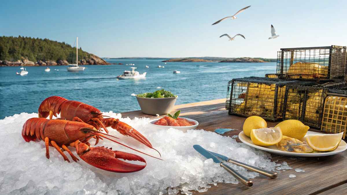 Fresh lobsters displayed on crushed ice with lemon wedges and seafood tools on a rustic wooden table, set against a scenic coastal backdrop with lobster traps, fishing boats, and seagulls flying over the ocean.
