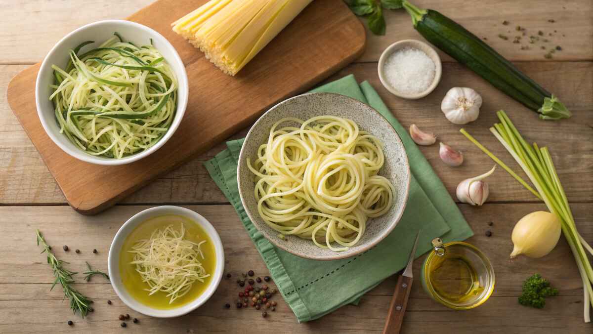 A rustic kitchen setup featuring zucchini noodles (zoodles) and pasta alternatives on a wooden table. A bowl of spiralized zucchini sits on a cutting board, while another bowl contains spaghetti-like vegetable noodles. Surrounding the scene are fresh ingredients, including garlic, onion, olive oil, herbs, and a bundle of uncooked pasta, creating a fresh and natural cooking atmosphere