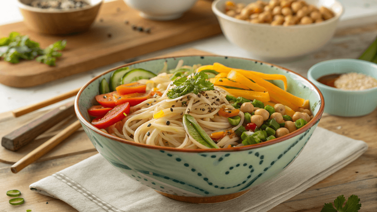colorful bowl of naturally gluten-free noodles topped with fresh vegetables, chickpeas, and sesame seeds, served with a side of dipping sauce on a rustic wooden table