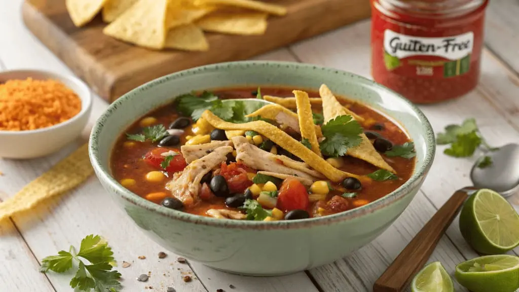 A vibrant bowl of chicken tortilla soup featuring shredded chicken, black beans, corn, and tomatoes in a rich broth, topped with gluten-free tortilla strips, fresh cilantro, and lime wedges. A jar labeled "Gluten-Free" is visible in the background.