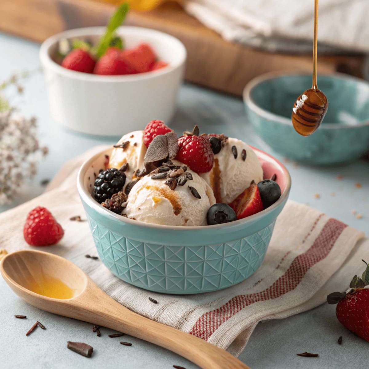 A pastel blue ceramic bowl filled with scoops of creamy low-calorie ice cream, topped with fresh raspberries, blueberries, blackberries, dark chocolate shavings, and a drizzle of honey. A wooden spoon rests on a beige napkin, with additional berries and bowls in the softly blurred background.