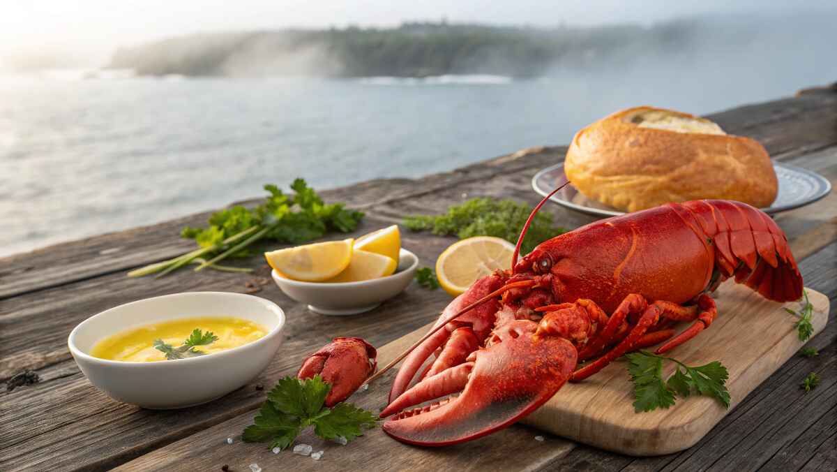 Cooked Maine lobster served on a wooden board with melted butter, lemon wedges, fresh parsley, and bread, overlooking the misty North Atlantic coastline