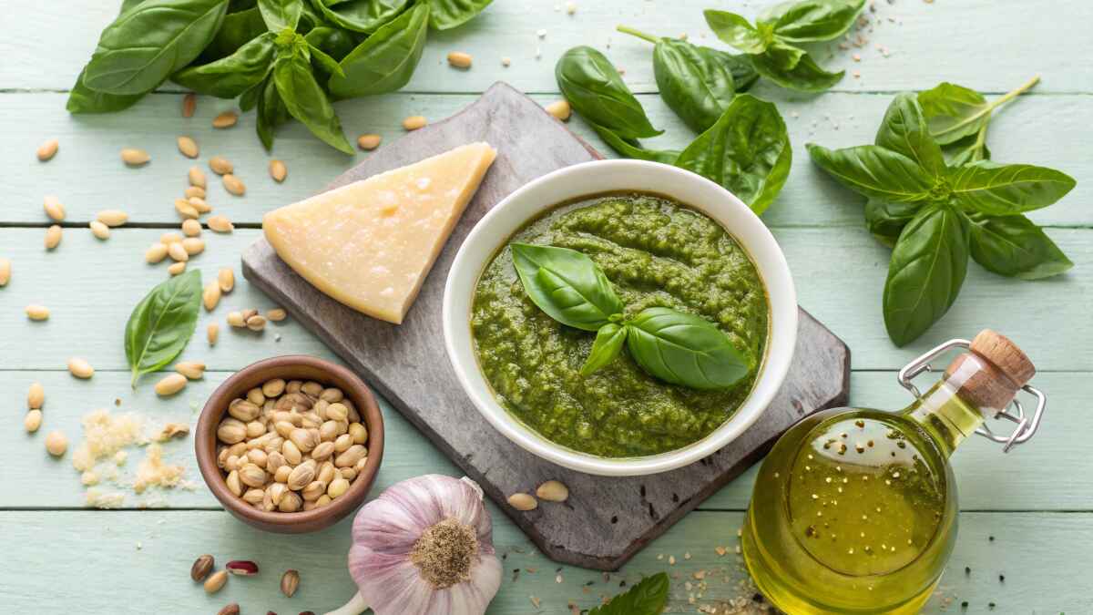 Fresh basil pesto in a white bowl garnished with basil leaves, surrounded by fresh basil, pine nuts, garlic, Parmesan cheese, and olive oil on a wooden surface.