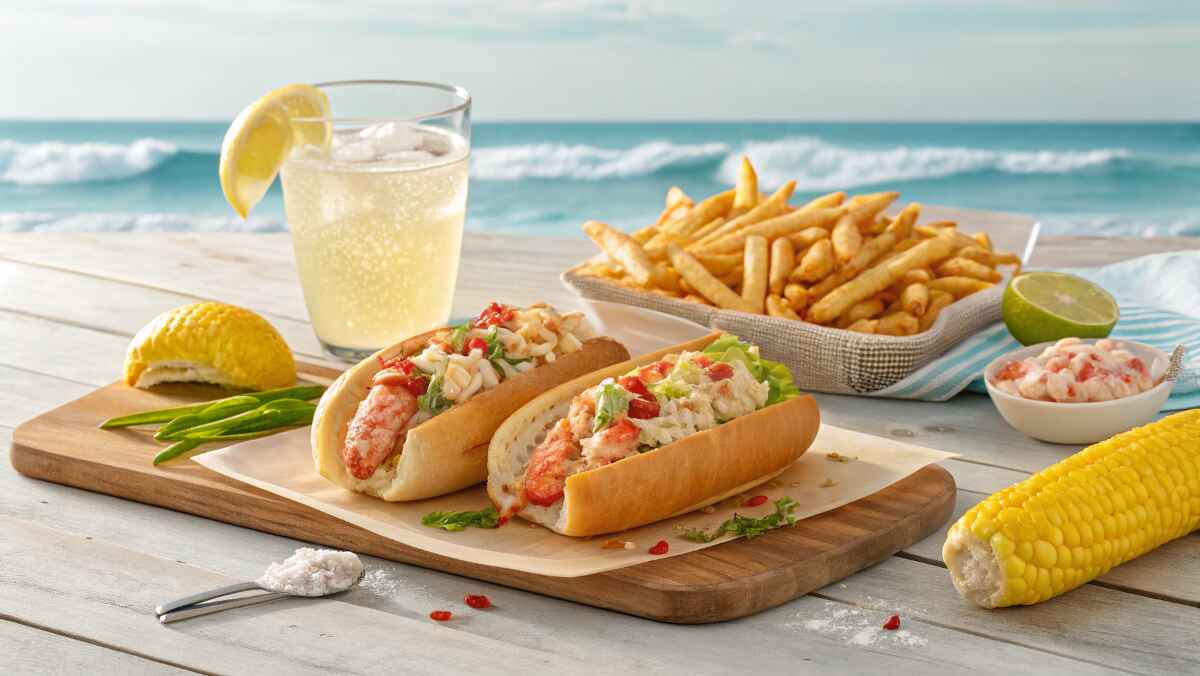 Two lobster rolls on a wooden board, accompanied by a glass of lemonade, a side of crispy French fries, corn on the cob, and fresh lemon, set on a seaside table with ocean waves in the background