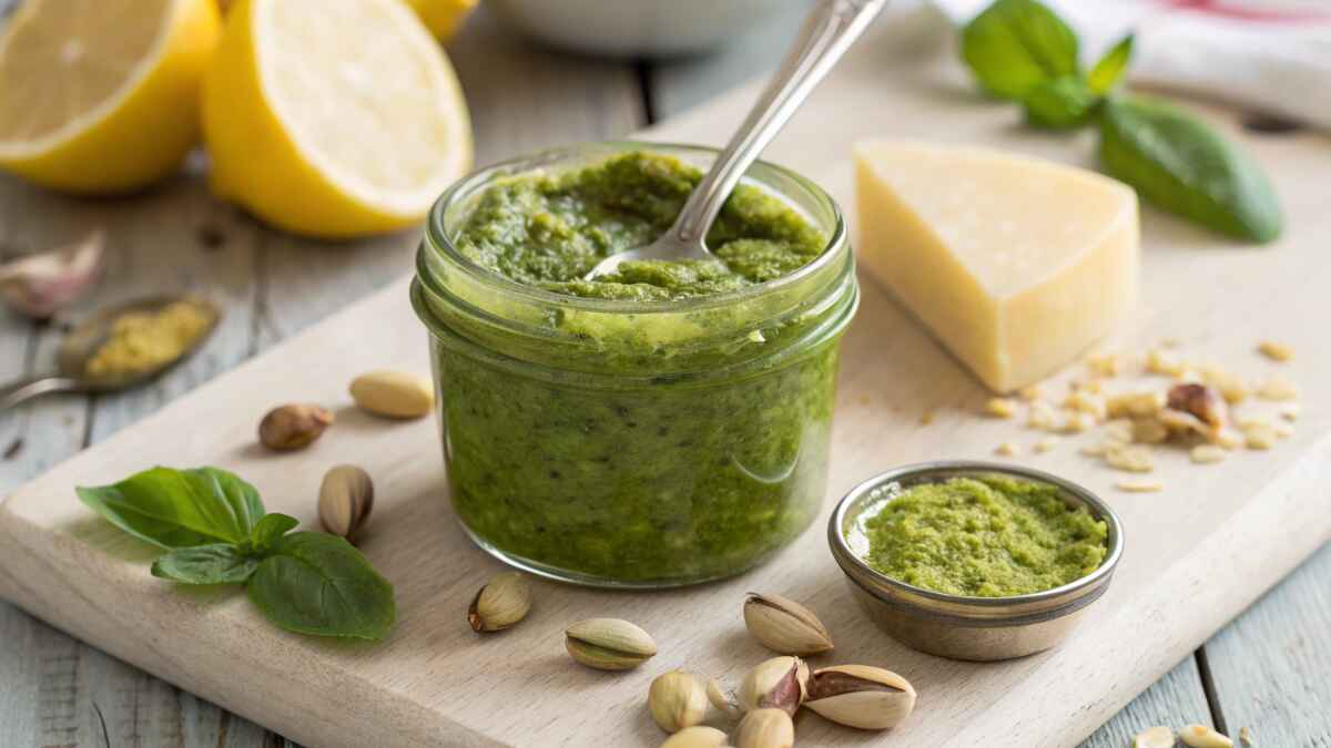 Homemade pistachio pesto in a glass jar with a spoon, surrounded by fresh pistachios, basil leaves, Parmesan cheese, and lemon wedges on a rustic wooden surface