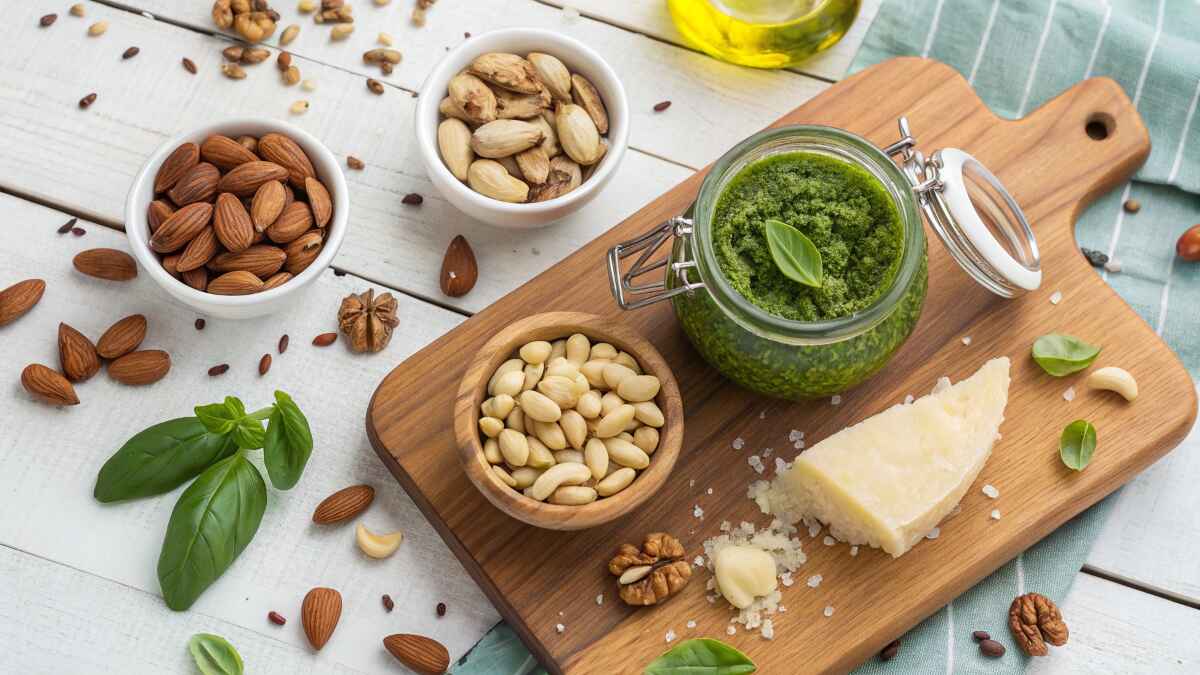 Variety of nuts for making pesto, including almonds, pine nuts, pistachios, and walnuts, displayed on a wooden board with a jar of fresh pesto, Parmesan cheese, basil leaves, and garlic.