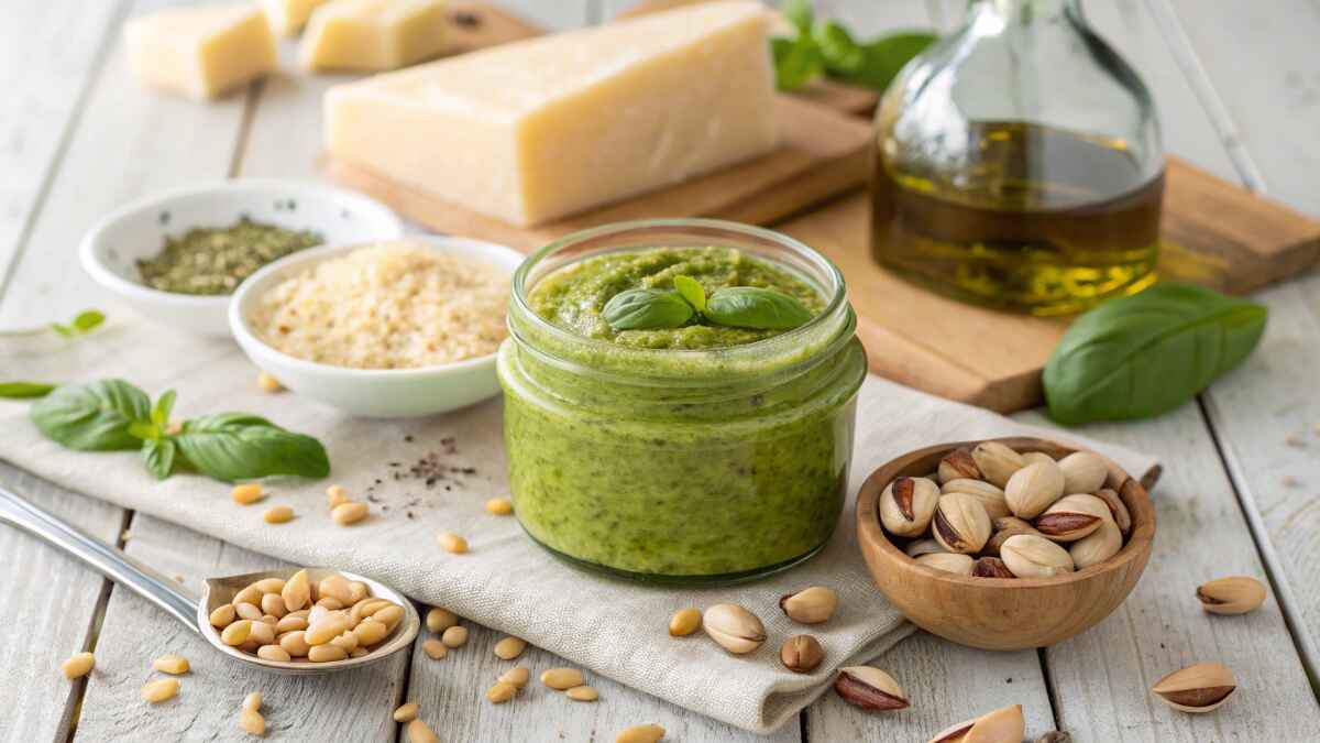 resh pistachio pesto in a glass jar surrounded by key ingredients including shelled pistachios, pine nuts, Parmesan cheese, fresh basil leaves, and olive oil on a rustic wooden table