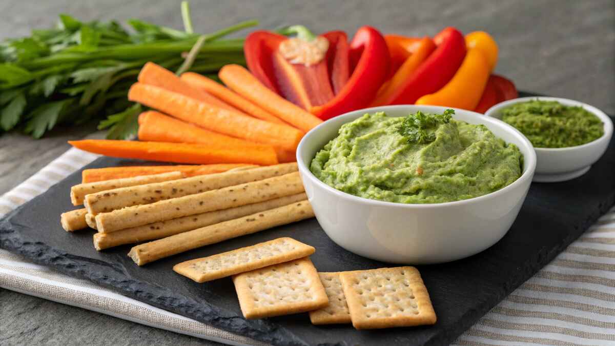 A vibrant bowl of pistachio pesto served on a slate board, accompanied by fresh carrots, colorful bell peppers, breadsticks, and crackers
