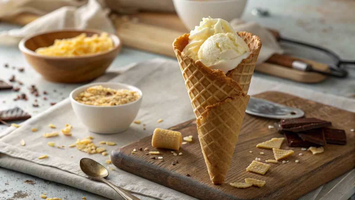 A close-up of a waffle cone filled with scoops of vanilla ice cream, placed on a rustic wooden board. Surrounding the cone are bowls of crushed nuts, chocolate pieces, and crispy wafer bits, creating a warm and inviting dessert scene.