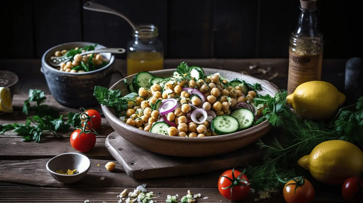 A beautifully arranged bowl of chickpea salad with cucumbers, red onions, and parsley, surrounded by fresh lemons, cherry tomatoes, and herbs on a rustic wooden table