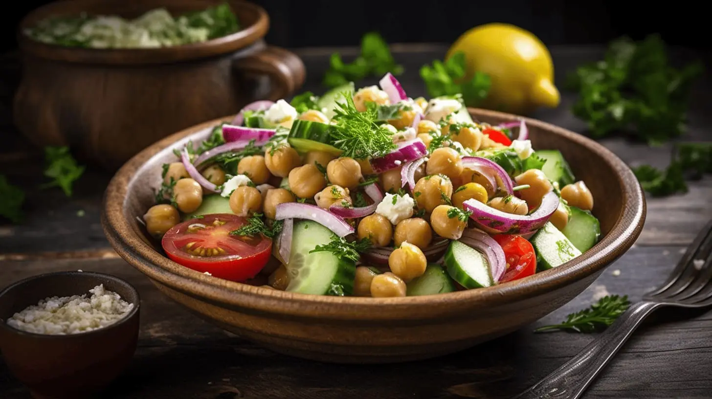 A bowl of vibrant chickpea salad with golden chickpeas, fresh cucumbers, cherry tomatoes, red onions, parsley, and crumbled feta cheese, garnished with dill