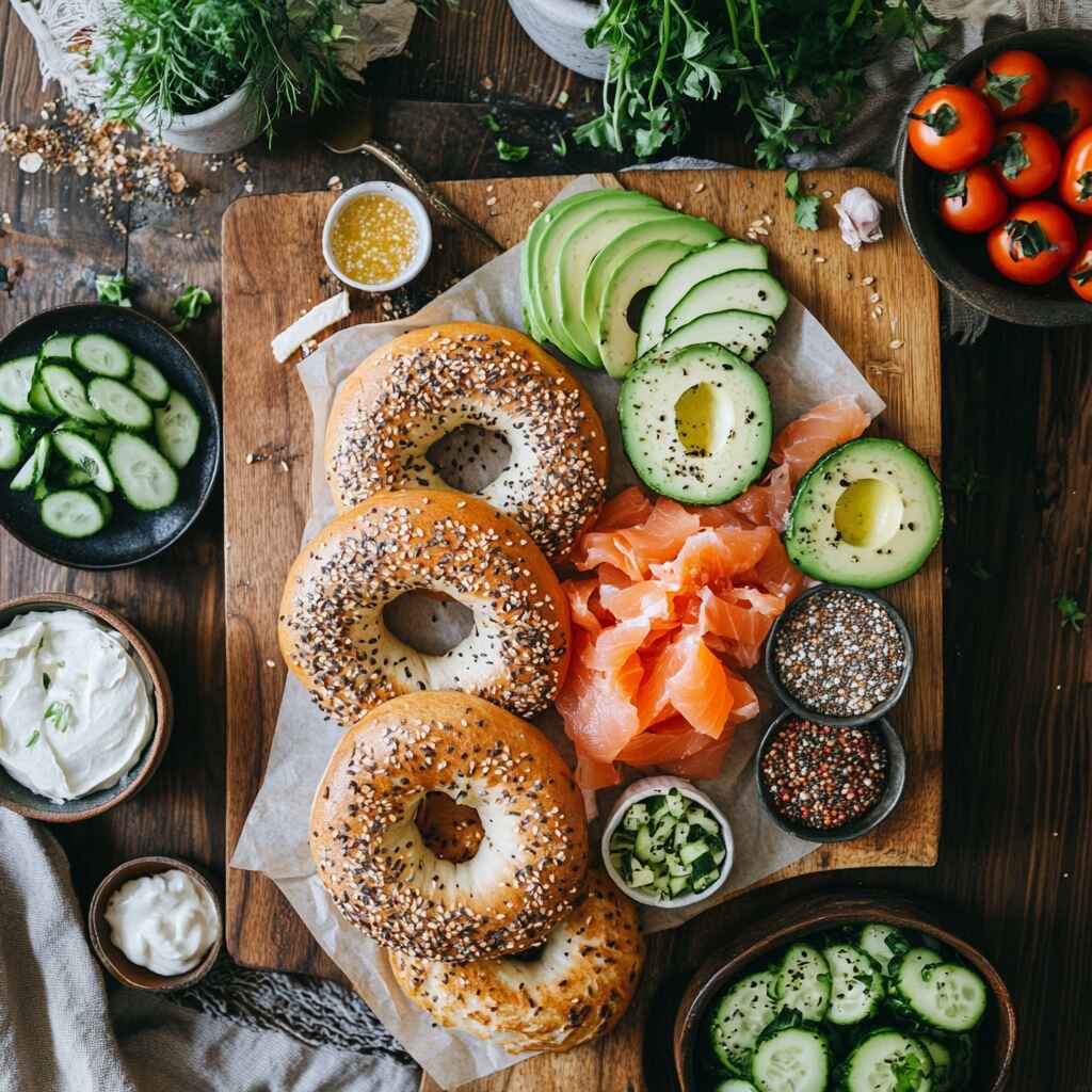 Rustic breakfast spread featuring whole-grain bagels, avocado slices, smoked salmon, cream cheese, cucumbers, and cherry tomatoes on a wooden board with vibrant garnishes
