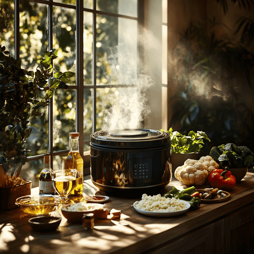 A sleek slow cooker steaming on a sunlit wooden countertop surrounded by fresh keto ingredients such as cauliflower, broccoli, bell peppers, mushrooms, and herbs. Bowls of olive oil and spices are arranged nearby, creating a warm, inviting kitchen scene