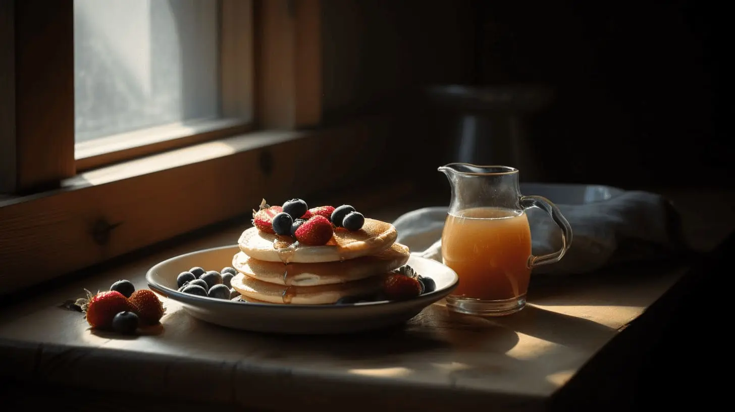 A cozy breakfast scene featuring a stack of small pancakes topped with fresh strawberries and blueberries, accompanied by a jug of syrup on a wooden table by a window