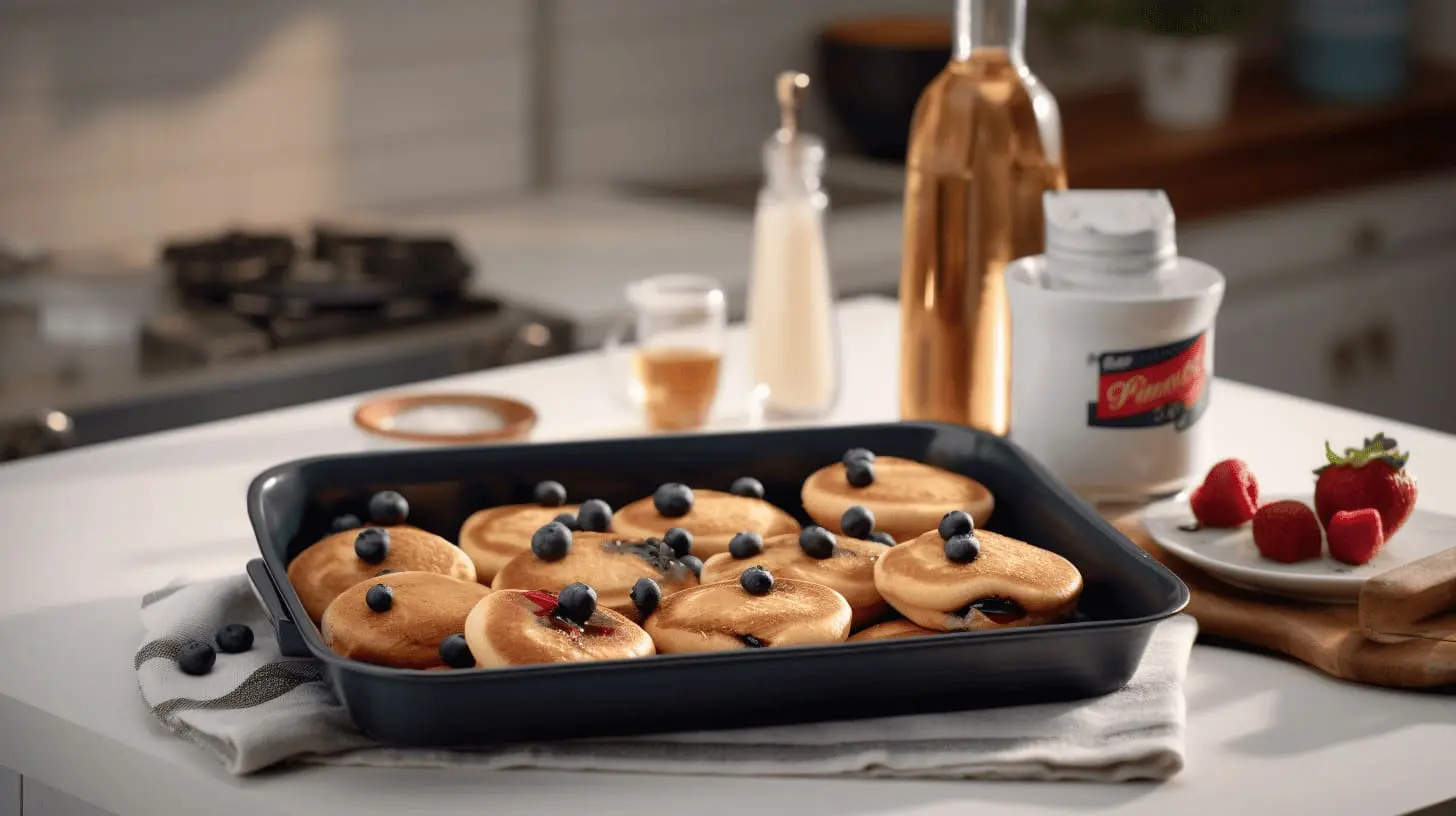 A baking dish filled with golden-brown Pillsbury mini pancakes topped with fresh blueberries, set in a cozy kitchen with milk, syrup, and strawberries nearby