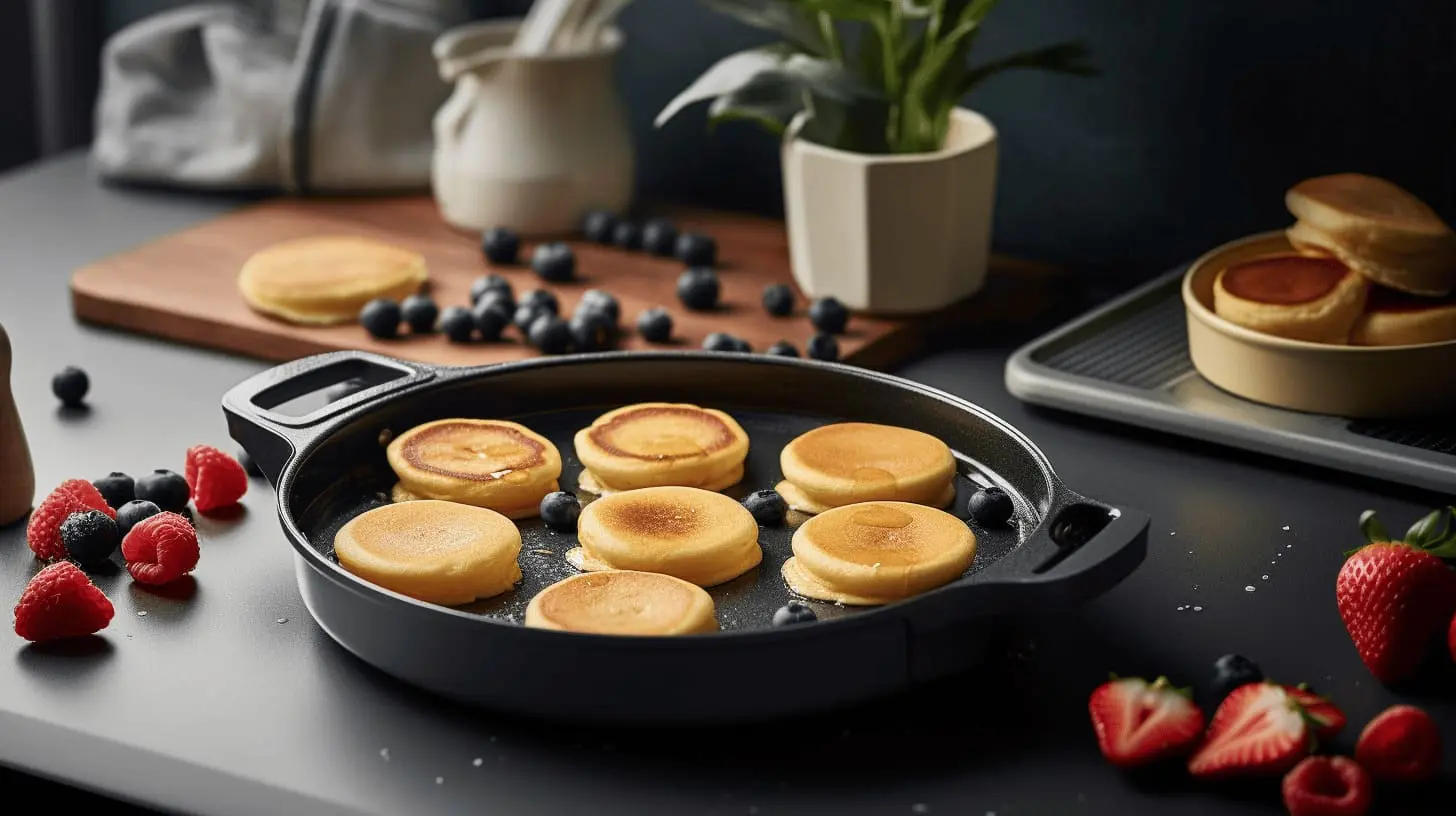 A non-stick skillet cooking golden-brown mini pancakes, surrounded by fresh berries like strawberries and blueberries, with a modern kitchen backdrop